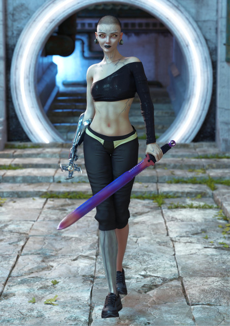 A young woman with a shaved head walks towards the camera holding a sword with an orange and blue pattern of anodised Titanium.

She has cybernetic eyes and a cybernetic arm. Behind her a circular neon tube surrounds a round entrance into an alleyway.