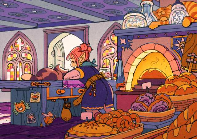 an illustration depicting the interior of a magical bakery. warm orange light pours out of a large stone oven in which a fresh loaf of bread is baking.  innumerable baked goods line shelves behind it. at the counter, the baker is looking lovingly at one of her cats that is affectionately leaning against her. 