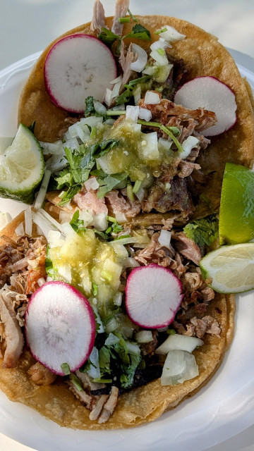 high angle view of a white plate with two tacos. carnitas with cilantro and onions, radishes and salsa verde corn tortillas