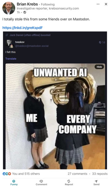 Person up against a wall with a big tuba covering their head. There’s a person holding tuba. Person on wall: “me”, person holding tuba: “every company”, tuba: “unwanted ai”