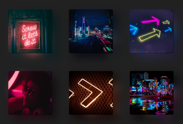 Screenshot. Shows a 3×2 grid of neon images, each with a shadow that is basically its own grainy blur, slightly more transparent self, offset towards the bottom right.