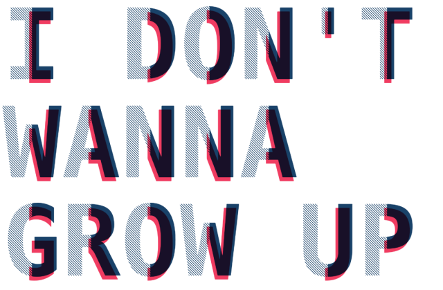 The text "I don't wanna grow up" in all caps. Each letter is split in half along a vertical midline. The left half of each letter is hashed. The right half has a solid indigo fill, blended with a reddish shadow to the bottom left, a shadow that's just for this solid fill half.