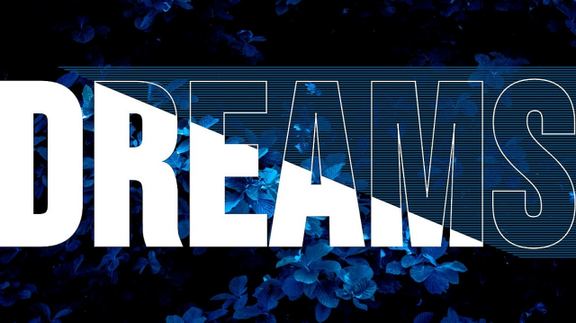 Shows the text "dreams" in narrow all caps on top of a leaves under blue light background. This text has a split line along the main diagonal. To the bottom left of this split line, the text is filled (white) and has no background. To the top right of this split line, the text is just stroked (white) with no fill and has a medium blue stripes horizontal background.