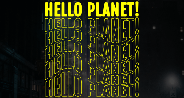 The text "hello planet!" in all caps. It has a solid yellow fill and five yellow stroke but no fill shadows tiled below and distorted in a wave-like manner.