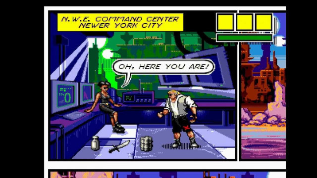 A screenshot from Comix Zone. The main character, Tucker is seen with the woman serving as his backup from the Command Center. She says "Oh, here you are!"