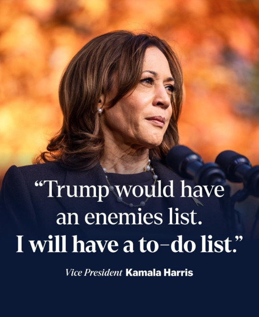 Vice President Kamala Harris speaking at a podium with a quote about having a to-do list instead of an enemies list.