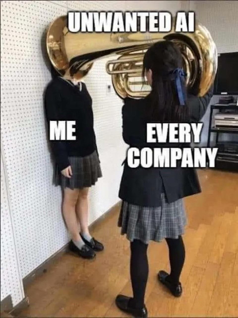 A humorous meme featuring two schoolgirls in uniforms. One girl stands against a wall with a tuba covering her head, while the other girl, facing away, holds the tuba. Text labels the girl against the wall as “me”, the girl playing the tuba as “every company” and the tuba as “unwanted AI”.