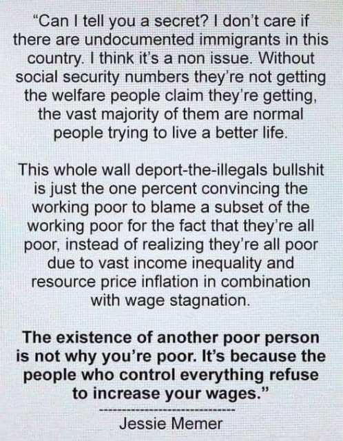 "Can I tell you a secret? I don't care if there are undocumented immigrants in this country. I think it's a non issue. Without social security numbers they're not getting the welfare people claim they're getting, the vast majority of them are normal people trying to live a better life.

This whole wall deport-the-illegals bullshit is just the one percent convincing the working poor to blame a subset of the working poor for the fact that they're all poor due to vast income inequality and resource price inflation in combination with wage stagnation.

The existence of another poor person is not why you're poor. It's because the people who control everything refuse to increase your wages."

-- Jessie Memer