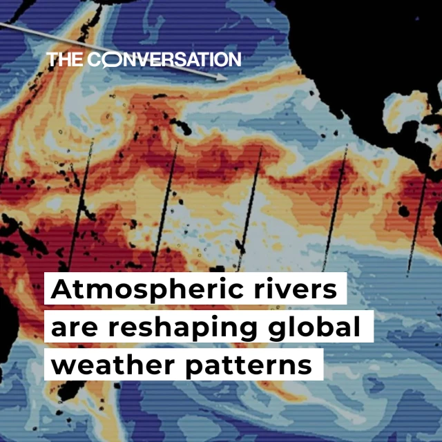 The image shows a satellite view of atmospheric rivers shifting their trajectory. The graphic reads "Atmospheric rivers are reshaping global weather patterns". 