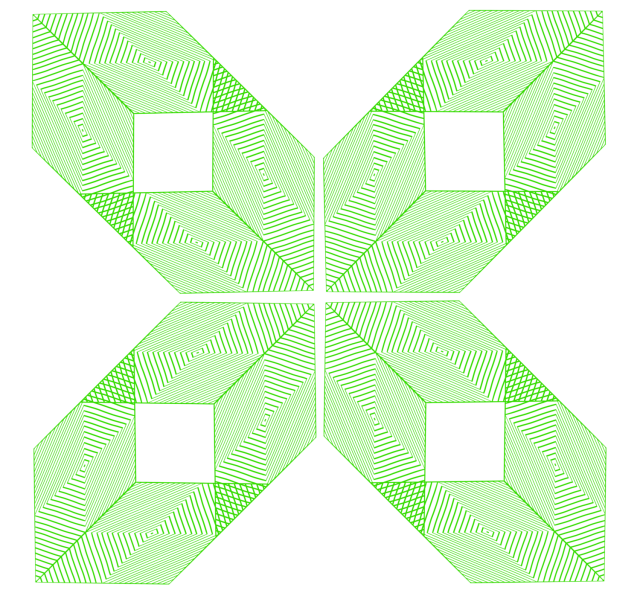 a green X composed of 4 identical diagonally-angled elongated hexagons. they are each composed of a fine overlapping lattice of diagonal lines to create an optical illusion of rectangular box shapes. It's just a big trippy green X on a black background. 