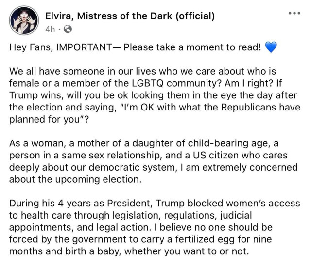 Hey Fans, IMPORTANT - Please take a moment to read! V We all have someone in our lives who we care about who is female or a member of the LGBTQ community? Am I right? If Trump wins, will you be ok looking them in the eye the day after the election and saying, "I'm OK with what the Republicans have planned for you"?
As a woman, a mother of a daughter of child-bearing age, a person in a same sex relationship, and a US citizen who cares deeply about our democratic system, I am extremely concerned about the upcoming election.

During his 4 years as President, Trump blocked women's access to health care through legislation, regulations, judicial appointments, and legal action. I believe no one should be forced by the government to carry a fertilized egg for nine months and birth a baby, whether you want to or not. 