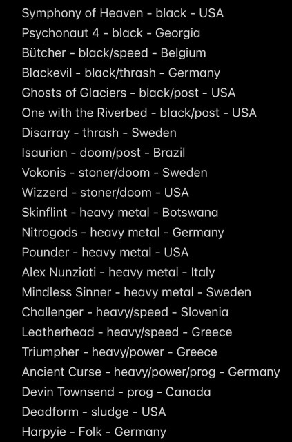 Symphony of Heaven - black - USA
Psychonaut 4 - black - Georgia
Bütcher - black/speed - Belgium
Blackevil - black/thrash - Germany
Ghosts of Glaciers - black/post - USA
One with the Riverbed - black/post - USA
Disarray - thrash - Sweden
Isaurian - doom/post - Brazil
Vokonis - stoner/doom - Sweden
Wizzerd - stoner/doom - USA
Skinflint - heavy metal - Botswana
Nitrogods - heavy metal - Germany
Pounder - heavy metal - USA
Alex Nunziati - heavy metal - Italy
Mindless Sinner - heavy metal - Sweden
Challenger - heavy/speed - Slovenia
Leatherhead - heavy/speed - Greece
Triumpher - heavy/power - Greece
Ancient Curse - heavy/power/prog - Germany
Devin Townsend - prog - Canada
Deadform - sludge - USA
Harpyie - Folk - Germany