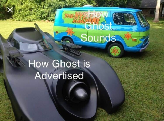 The batmobile, labelled "How Ghost is Advertised".
The Mystery Machine, labelled "How Ghost Sounds".