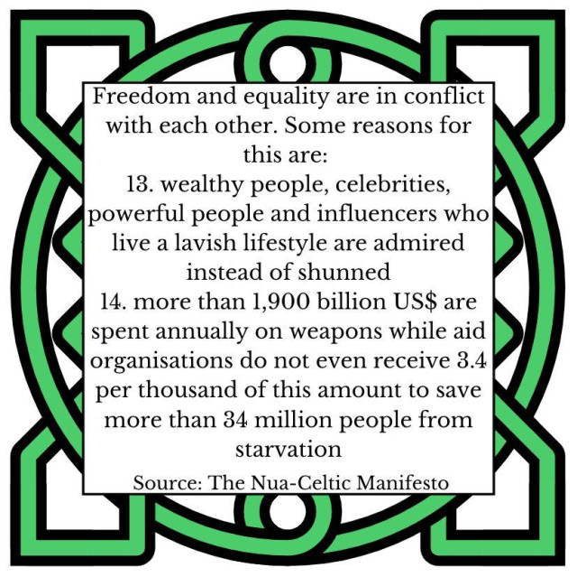 Freedom and equality are in conflict with each other. Some reasons for this are: 
13. wealthy people, celebrities, powerful people and influencers who live a lavish lifestyle are admired instead of shunned
14. more than 1,900 billion US$ are spent annually on weapons while aid organisations do not even receive 3.4 per thousand of this amount to save more than 34 million people from starvation
Source: The Nua-Celtic Manifesto