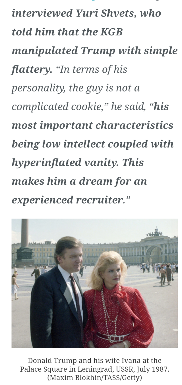 late 80s image of Trump and wife Ivana in Leningrad. Text quote regarding how easy it was for the KGM to manipulate him making him the perfect asset