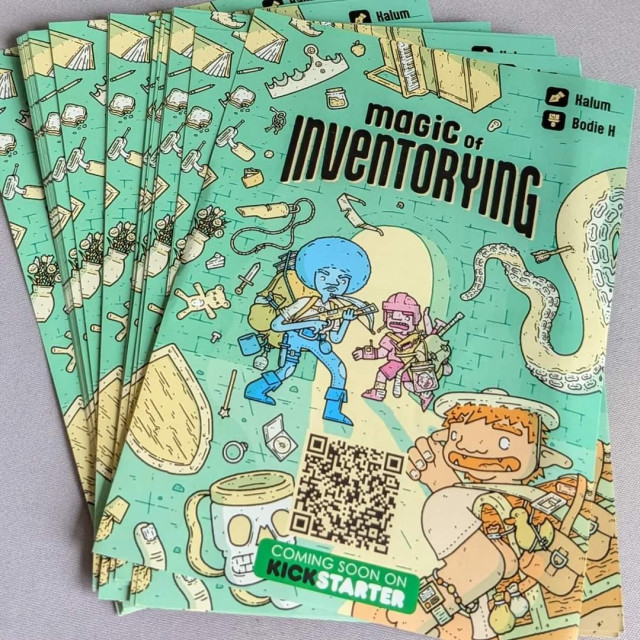 A handful of flyers titled: Magic of Inventorying.
It features three quirky heavy-burdened characters running towards the exit of a dungeon as a plethora of objects and artifacts fall from the ceiling.