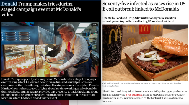 Two screenshots of news items. One about Trump serving food in McDonalds. The other about the E coli outbreak linked to McDonalds