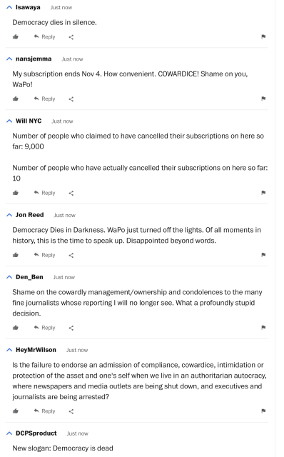 A screenshot of angry comments on The Washington Post.