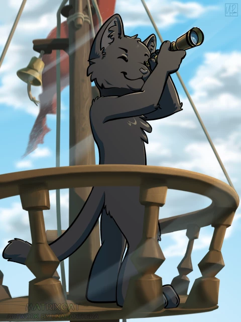 A chibi black cat stands in a sailing ship's crow's nest, holding a telescope to his eye