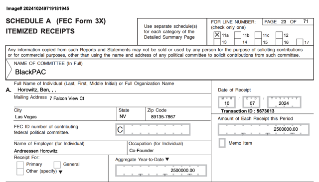 FEC report showing a $2.5 million contribution by Ben Horowitz to BlackPAC. Aggregate year-to-date contributions by him to this PAC are $2.5 million.