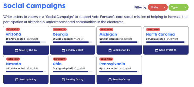 Dashboard displaying social campaigns in various states with progress bars and deadlines for each campaign.