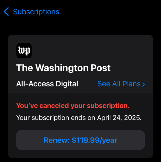 Subscription cancellation message for the Washington Post.