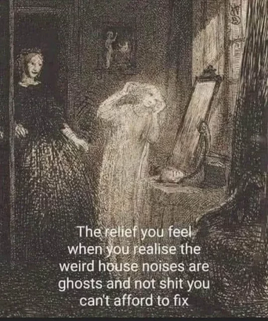 pale brown drawing of a woman seeing a ghost. 
Caption: The relief you feel when you realize that the weird  house noises are ghosts and not shit you can't afford to fix. 