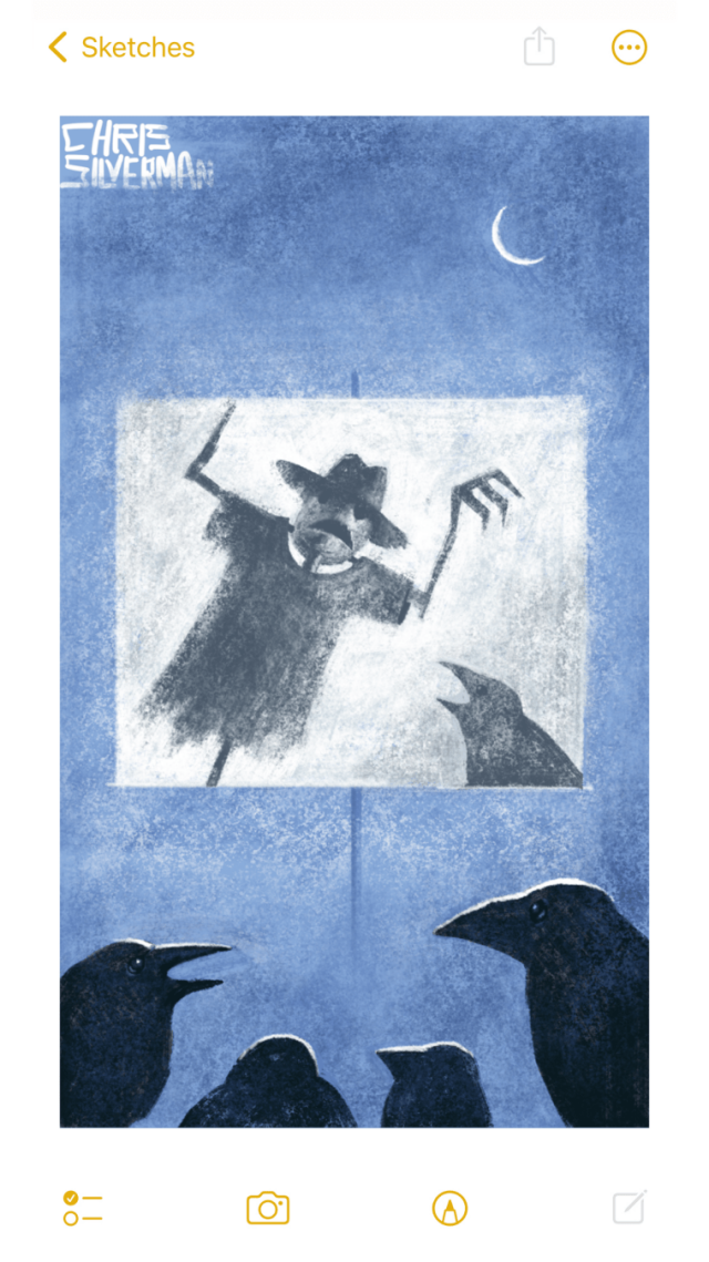 Four crows cluster in front of a film screen on which is projected a scene from a black and white horror film featuring a scarecrow. On screen, the scarecrow is menacing a crow. Offscreen, it is night. A thin crescent moon sits in the sky.