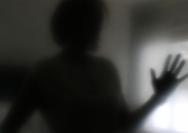 Blurred self portrait, showing the dark silhouette of the photographer reflected on the surface of a television screen, holding her hand up against the light coming from a window behind her.