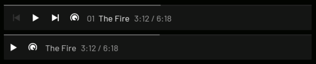 Faircamp's embeddable widgets: On top the embeddable release player, featuring previous/next track, play/pause, volume control, track number, title, time and a seekbar. On the bottom the embeddable track player - it's pretty much  the same, except without track number and the previous/next track buttons.