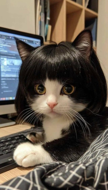 Kitty looking at you wearing a wig.