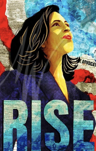 Original artwork by Melissa Whitaker featuring Kamala Harris looking forward and slightly up. She’s wearing blue. The background is a swirl of red and blue mixed with black and white newspaper excerpts and the background resembles a U.S. flag. The word “rise” is along the bottom in large letters in lighter blue with the same newsprint style intermixed. 