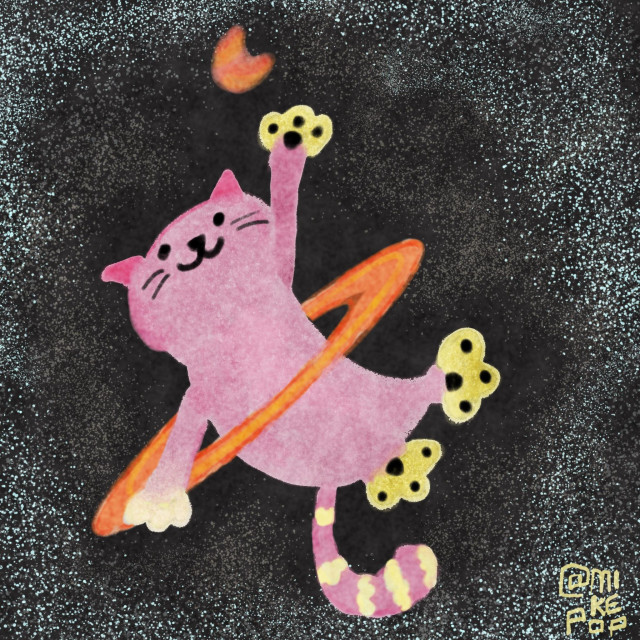 A pink cat in space with a starfield in back. A ring circles it like a hula hoop. The cat is reaching up to playfully bat at a moon with its paw.