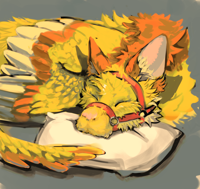 A cat-like fluffy yellow dragon is sleeping with its head on a pillow.