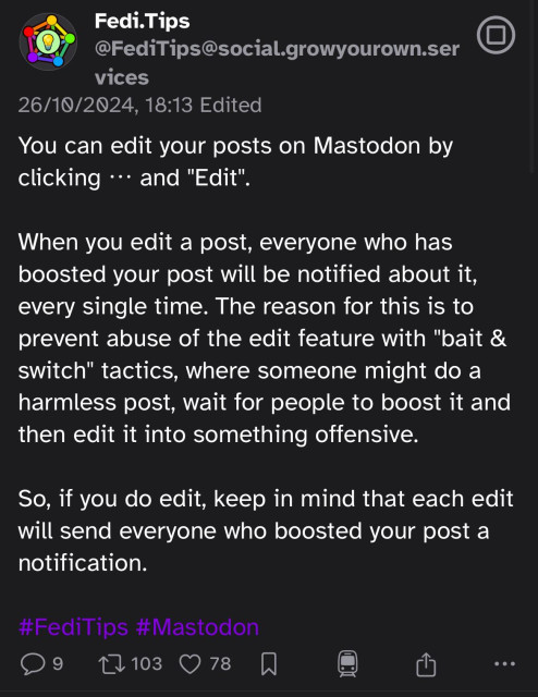 The same Mastodon post loaded from the remote server now showing 9 replies, 103 reposts and 78 likes.