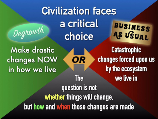 Civilization faces a critical choice. Make drastic changes NOW in how we live (Degrowth) or have catastrophic changes forced upon us by the ecosystem we live in (Business As Usual). The question is not whether things will change, but how and when those changes are made. 