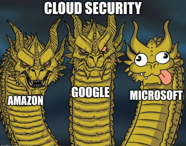 Three dragon heads. 

Cloud Security

A serious looking one named Amazon

Another serious one named Google

A goofball clown one named Microsoft