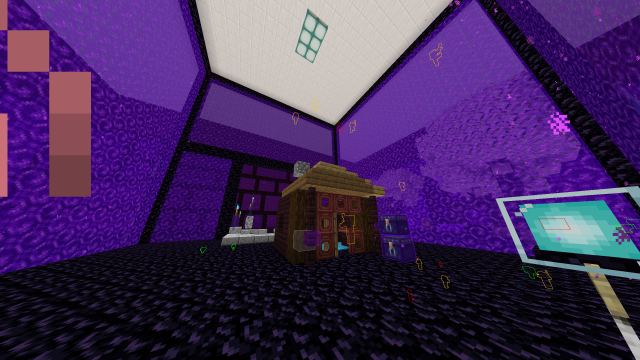 A small wooden hut situated inside the massive portal box within the Nether Portal Room at the Overworld World Border on the 2b2t Minecraft server. The hut is constructed from various wood types, with a roof made of wooden planks and walls featuring trapdoors and decorative elements. It sits on obsidian flooring surrounded by large purple portals that make up the interior of the room. Zombie Piglins are visible, marked by colorful outlines, indicating the presence of mobs inside the portal structure. Additionally, there are Ender chests and banners nearby, enhancing the hut's setup.