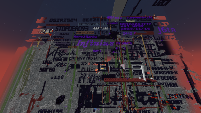 A section of the Overworld World Border on the 2b2t Minecraft server. The towering wall features numerous names and logos crafted in obsidian, signifying various players and groups that have left their mark at the world border. Among the prominent designs are large, colorful inscriptions like "Infinius," "STOPDEAD93," "GEEZE," and "REPCITY." The names and logos are scattered across a massive vertical surface, interwoven with other structures such as Nether portals, ladders, and scaffolding. The setting is during sunset, with the sky appearing dark red and orange.