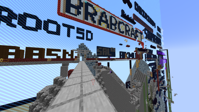 The Overworld World Border on the 2b2t Minecraft server, with various player names and logos inscribed in large block letters on the border wall. SalC1's name is prominently displayed in dark blue block letters. The "BRABCRAFT" logo is visible above in colorful blocks, surrounded by other player names like "ROOT50." The scene includes a stone walkway leading toward the border wall, with additional structures and remnants scattered along the pathway. The border wall itself is defined by a distinctive blue, striped visual effect indicating the world’s edge. Floating blocks and broken pathways contribute to the chaotic atmosphere characteristic of the server's border area.