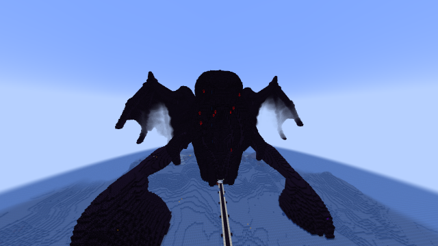 A massive black structure on the 2b2t Minecraft server, resembling a colossal creature with wide wings extending outward. The design is detailed, with glowing red spots that could represent eyes or other features on the creature's face, adding an ominous presence. The wings appear to have a gradient effect, transitioning to a smoky white near the edges, creating a ghostly appearance. A pathway made of blocks leads directly toward the base of the structure, suggesting an entrance or focal point. The surrounding terrain appears to be a vast ocean biome, emphasizing the scale of this dark, winged creation.