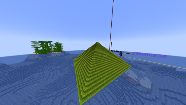 A large, pyramid-shaped structure made entirely of melon blocks, located on the 2b2t Minecraft server. This pyramid is a tribute to the Melon Men, a non-toxic player group on the server. It was built by a player named BeAware. The pyramid is surrounded by ocean, with a jungle island visible in the background.