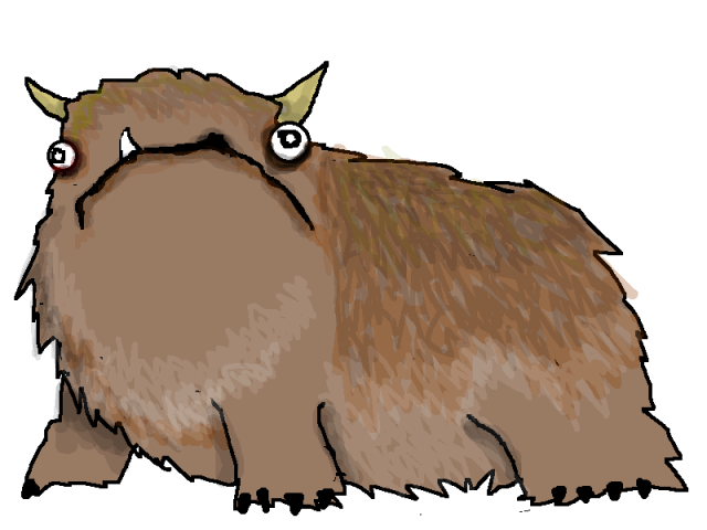 Shaggy, brown, bear-like creature with beady eyes and horns.