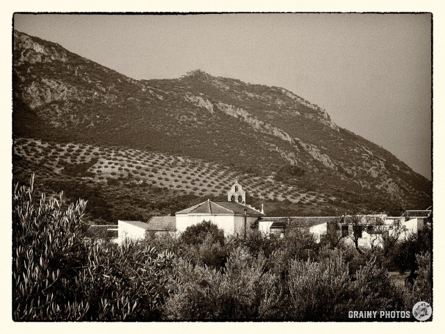 A black-and-white photograph of a white village nestling amongst Olive Groves with mountains in the background. The church Belfrey is visible prominently. The photograph has a vintage look.