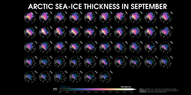 Collection of small polar stereographic maps showing the average September Arctic sea-ice thickness for each year from 1979 to 2024. There is large spatial variability, but a long-term decreasing trend. The thickness of ice ranges from 0 meters to more than 5 meters.