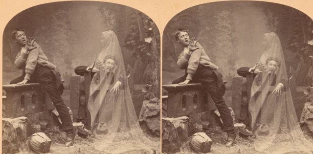 ‘The Haunted Lane,’ a stereoscope card from L.M. Melander & Bro., 1875. Two men appear terrified of a ghostly apparition. 