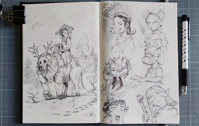 A double page of sketches: character and creature design, a bit of Xenia, and more characters.