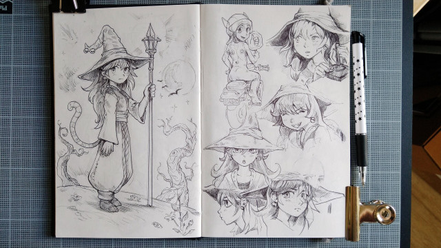 A double page of sketches: character design of a little magician with a tail. Expressions sheet.