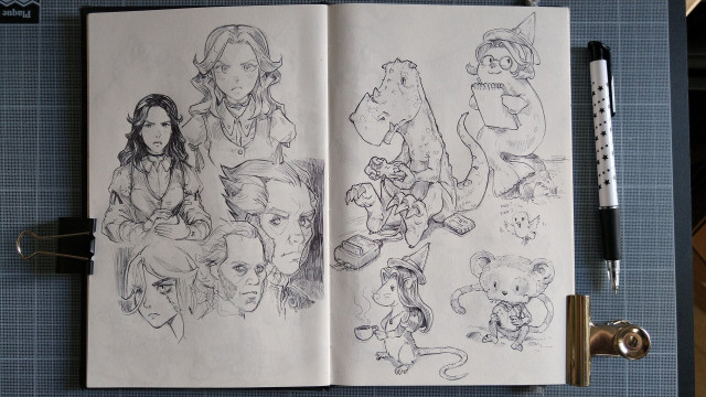 A double page of sketches: a bit of Yennefer/Regis/Ciri from memory, and then anthropomorphic creatures playing games, sketching, etc...