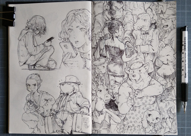 A double page of sketches: A girl watch her phone, pose and close-up on her face, then a full page top-view on a  party with many anthropomorphic creatures.